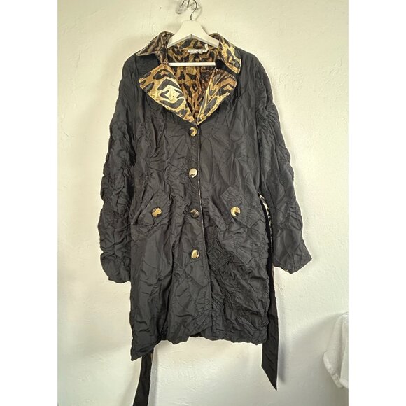 Alberto Makali Jackets & Blazers - Alberto Makali Womens Black Animal Print Lining Trench Coat Jacket Large Pockets